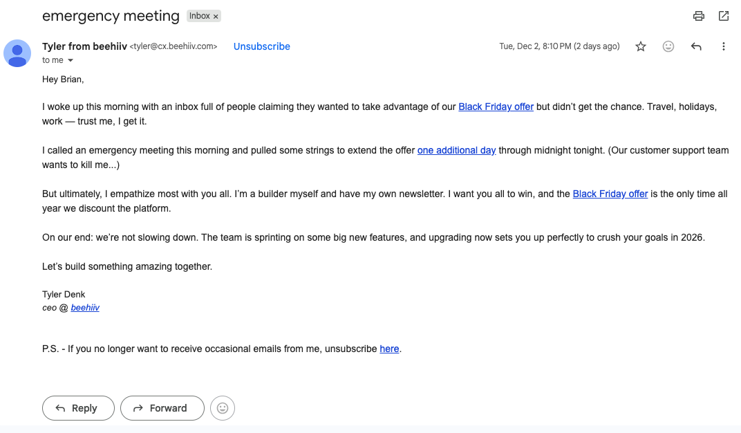 A simple but funny Black Friday promotion email from Beehiv.