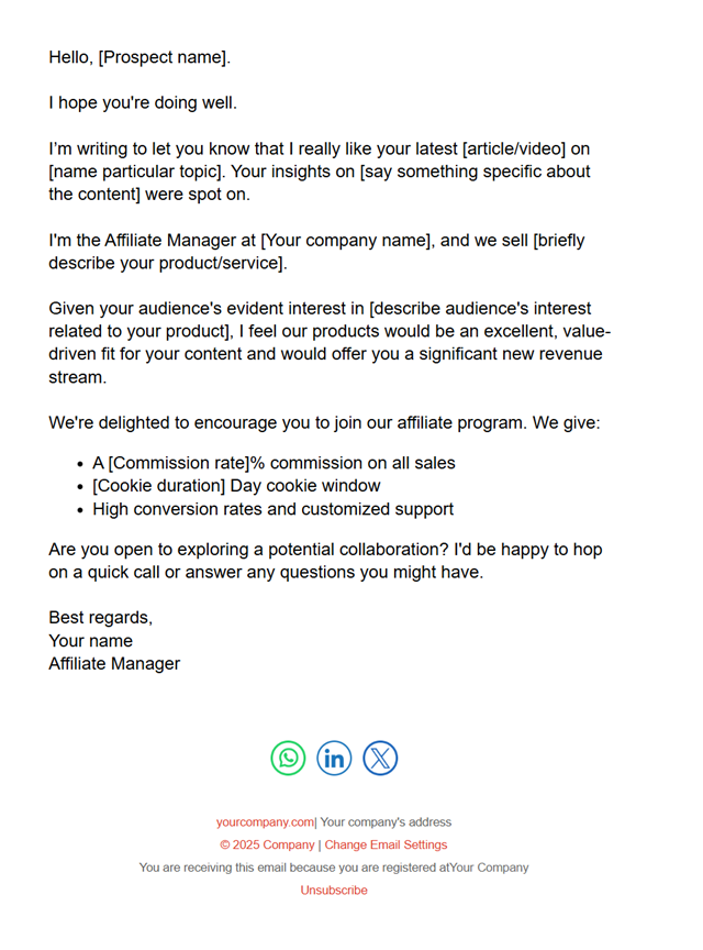 cold outreach email for affiliate program recruitment