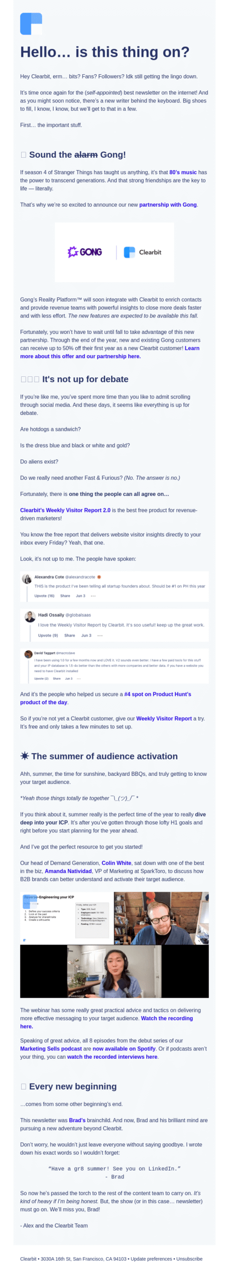 The funny "I'm not Brad" monthly newsletter from Clearbit.