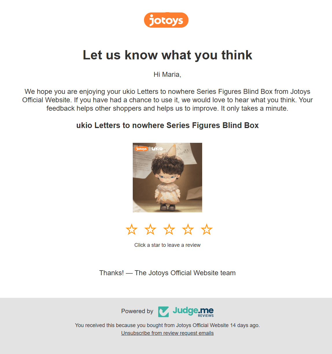 jotoys post-purchase email remarketing example