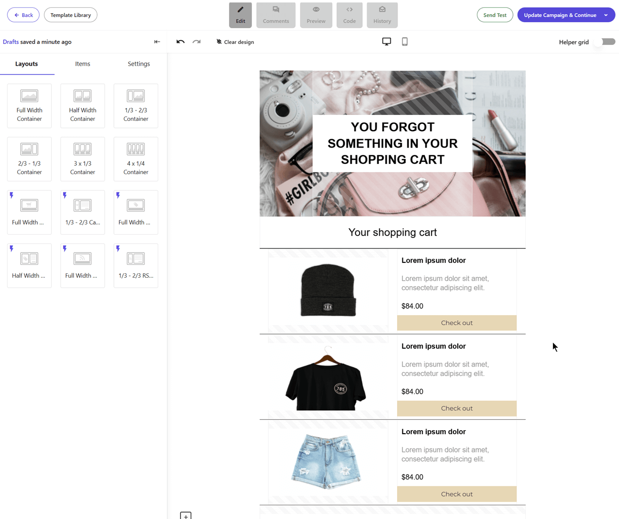 moosend editor abandoned cart template