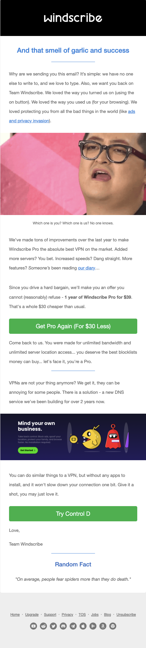 Windscribe's funny reengagement email campaign to bring back old customers