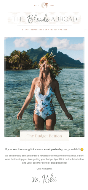 Blonde Abroad subject line with brackets