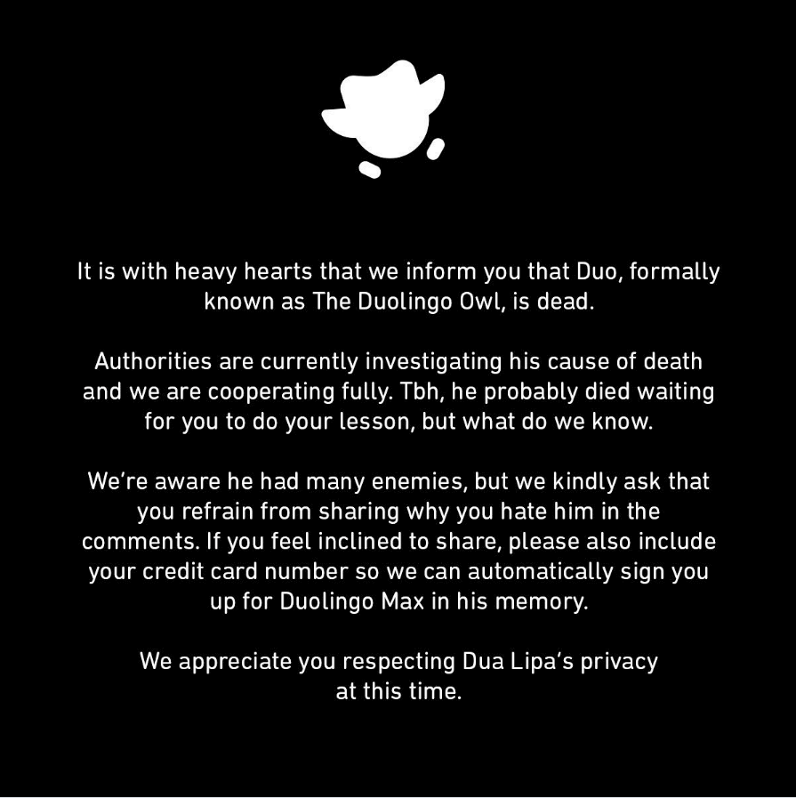 Duolingo's death announcement