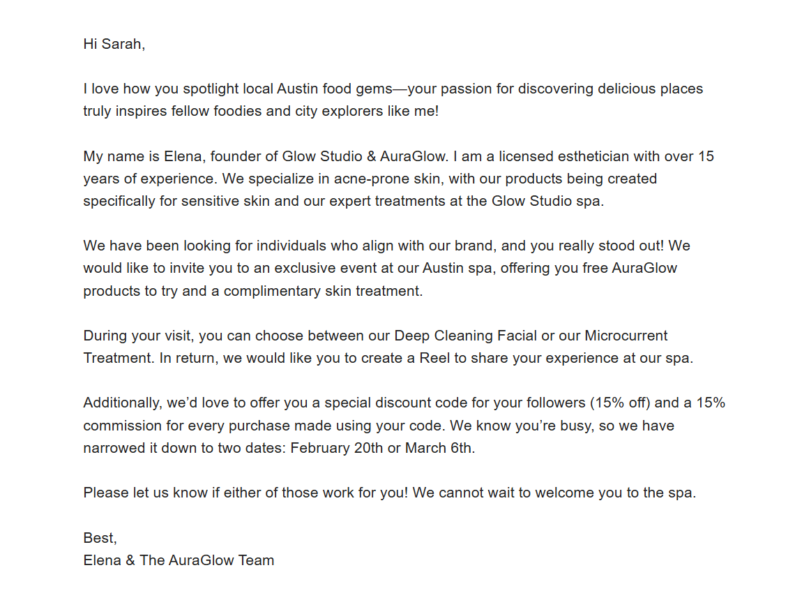 auraglow email for reaching influencers