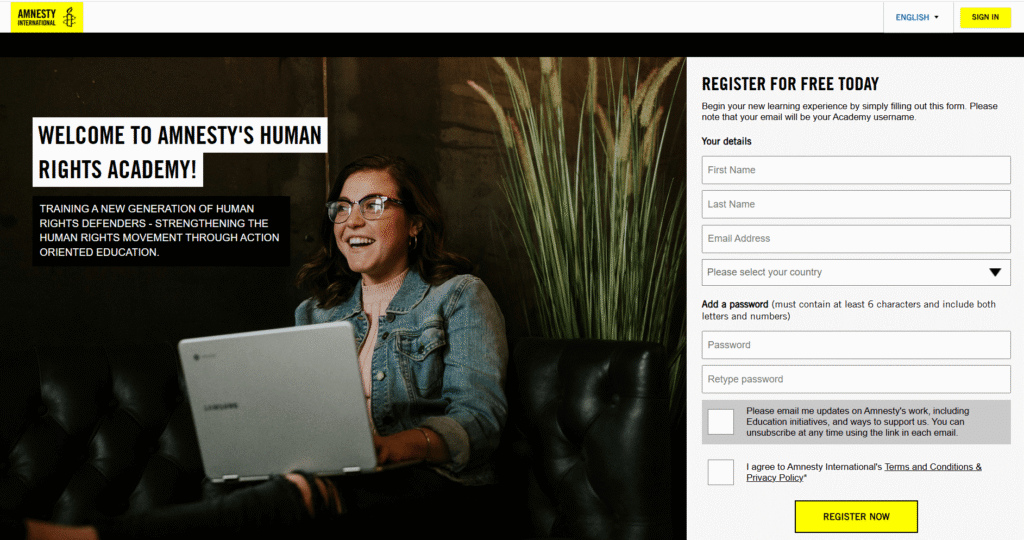Amnesty International landing page
