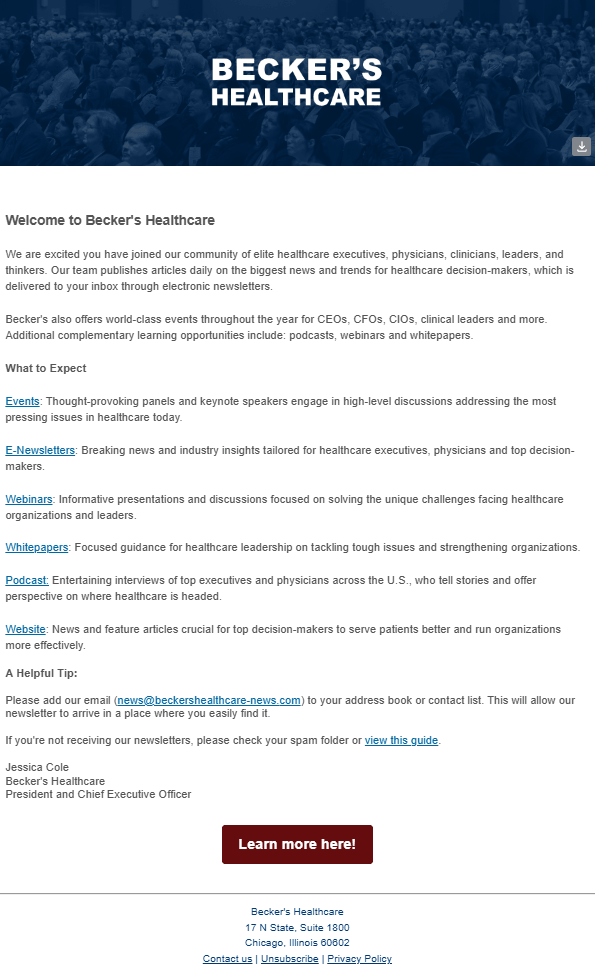 Becker's Healthcare welcome email