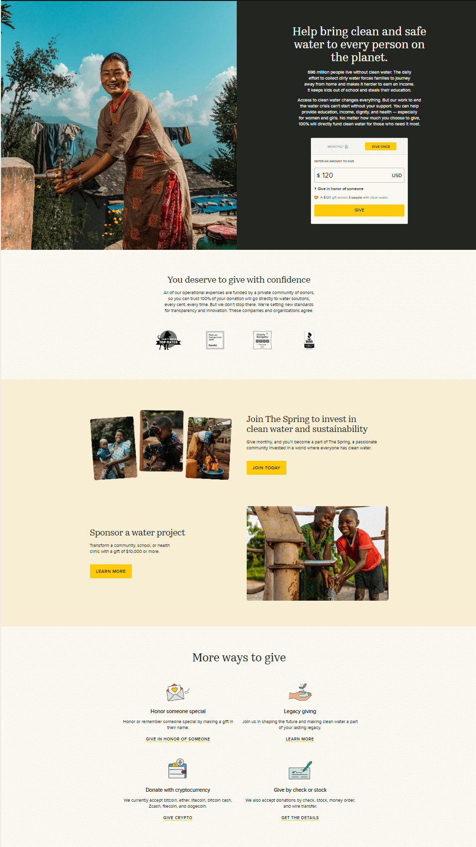 Charity Water landing page example