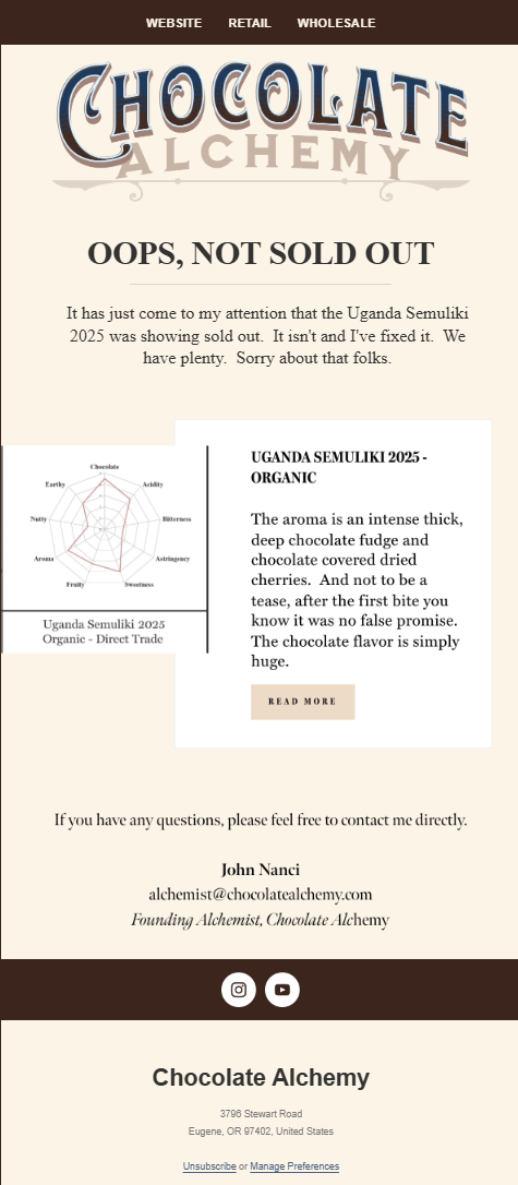 Chocolate Alchemy email example