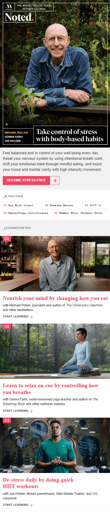 Masterclass email with stress benefits