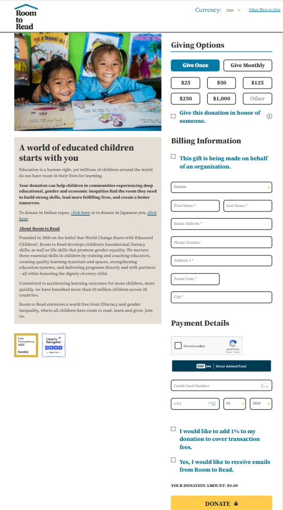 Room to Read fundraising page