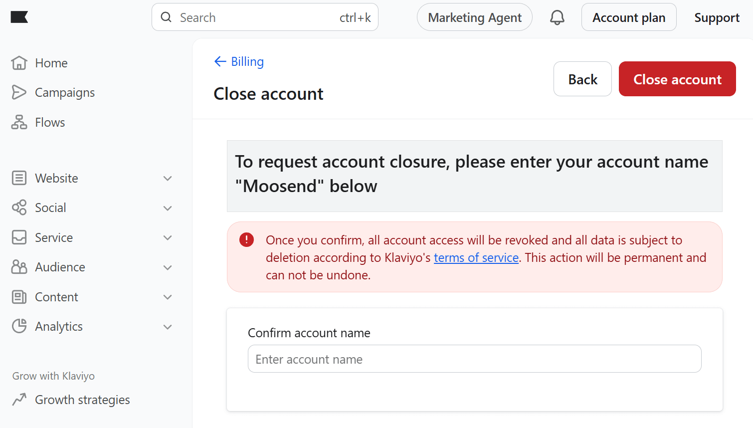 klaviyo close account confirmation