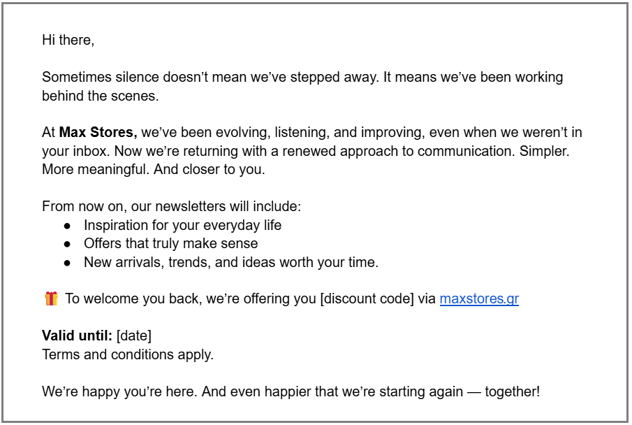 max stores email campaign copy translation to english