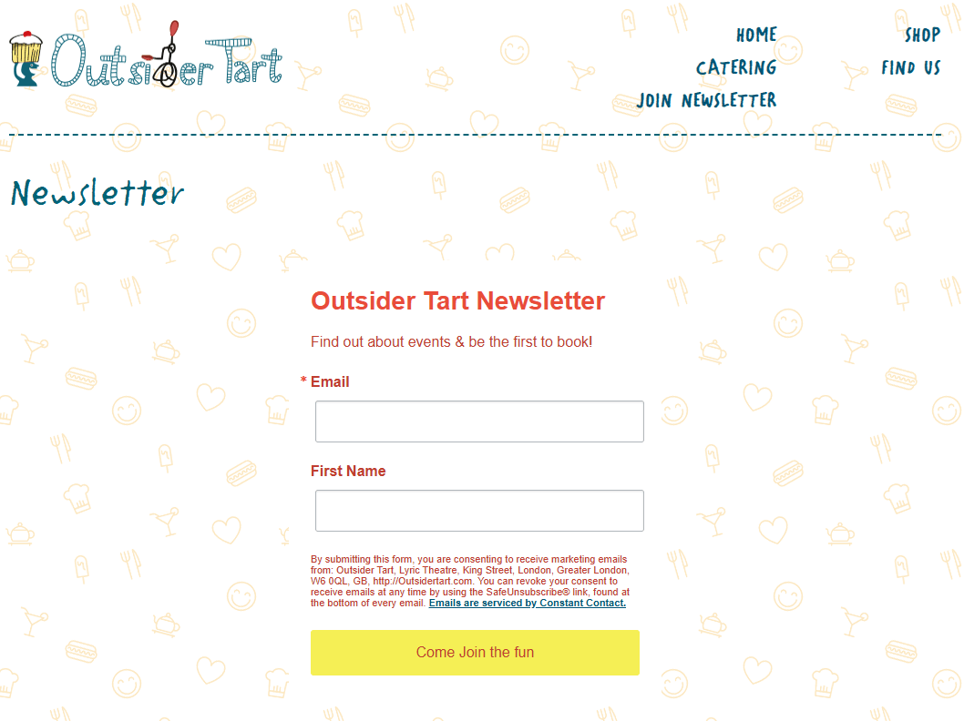 outsider tart newsletter signup form