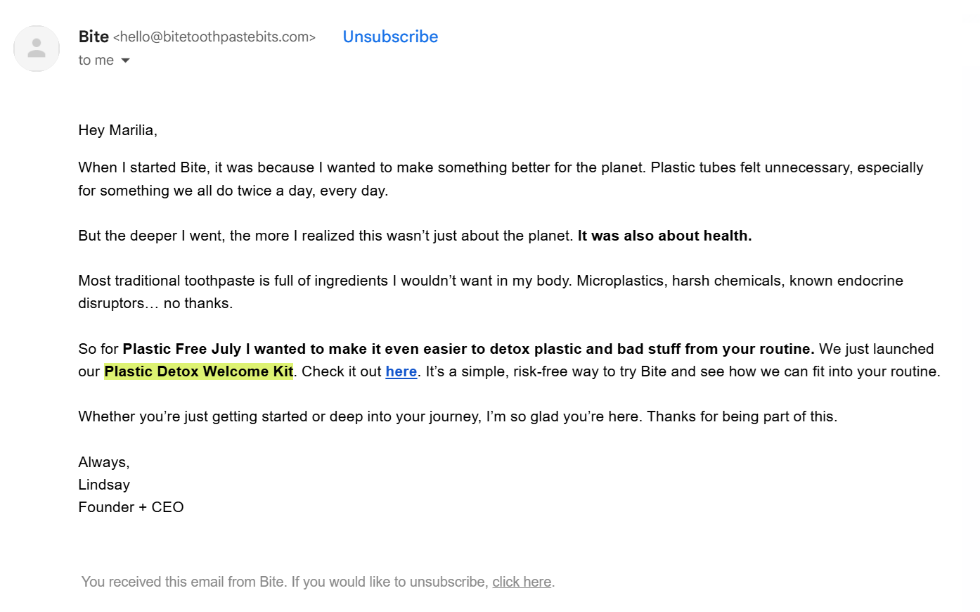 Bite founder's promotional email
