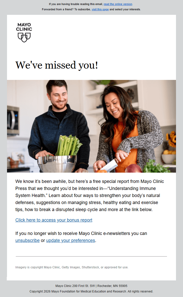 mayo clinic email marketing campaign to win back inactive subscribers