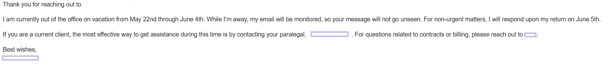 vacation OOO message 