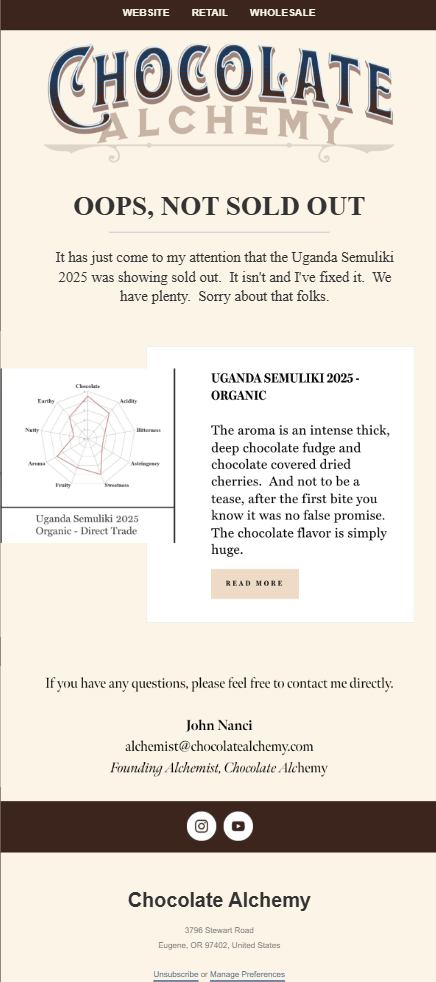Chocolate Alchemy miscommunication fix email