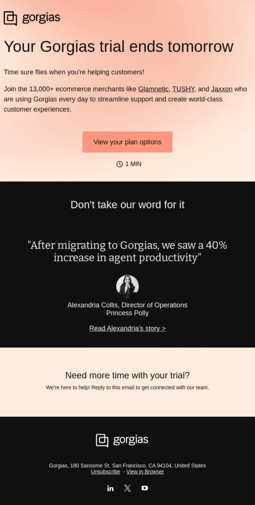Fila email with user-generated content Gorgias trial expiration email