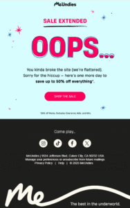 MeUndies power outage email