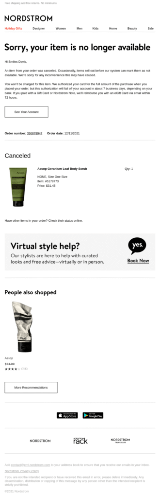 Nordstrom out-of-stock apology message