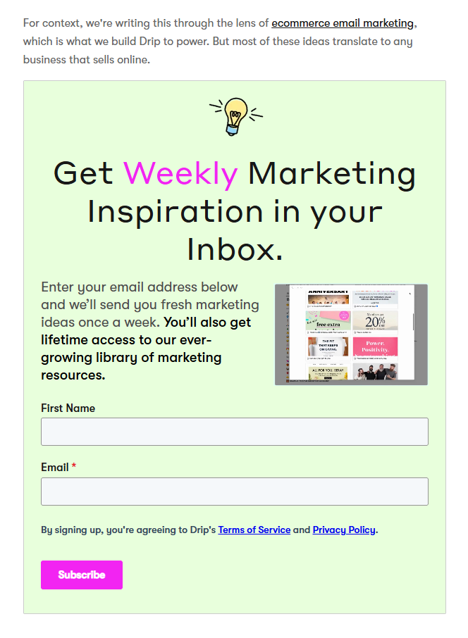 drip blog newsletter signup form content marketing tips