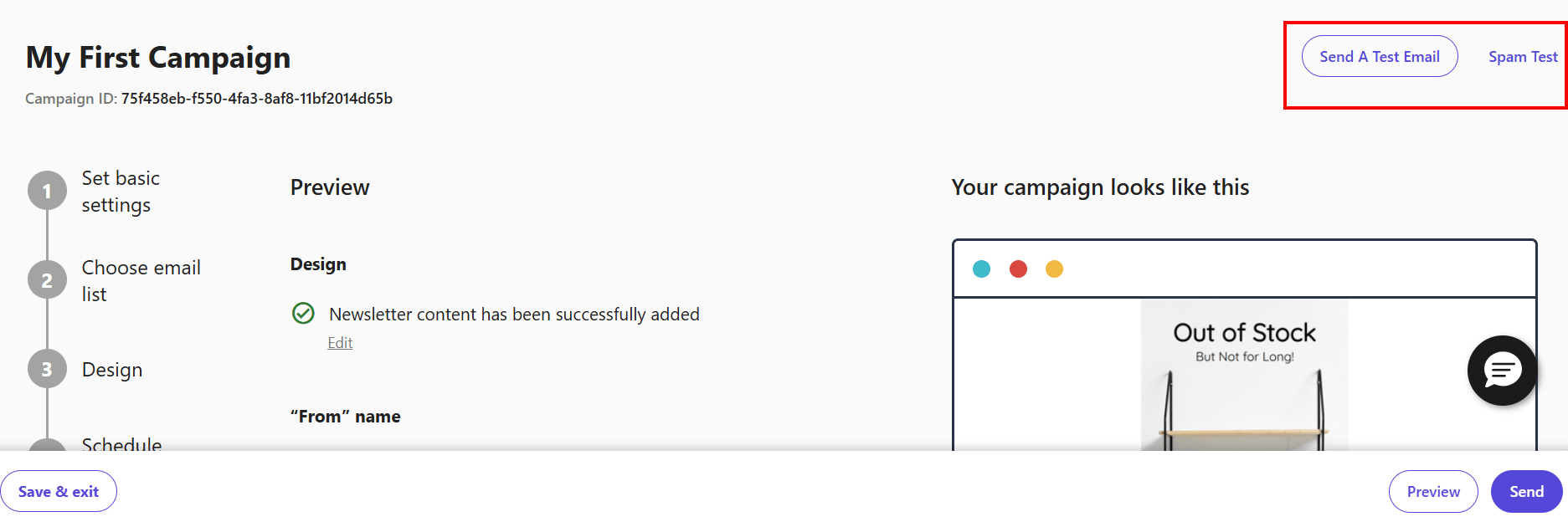 Send a test email and spam test buttons