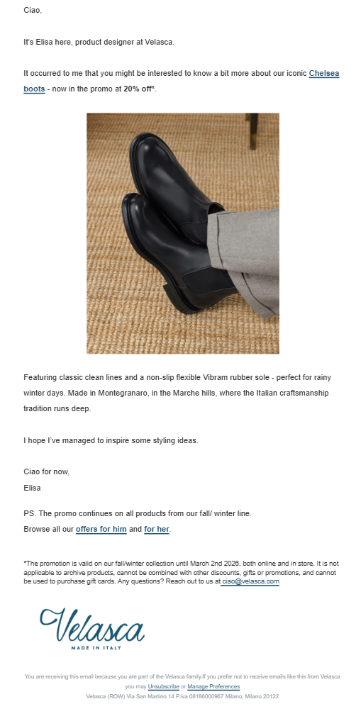 effective email copy example by Velasca