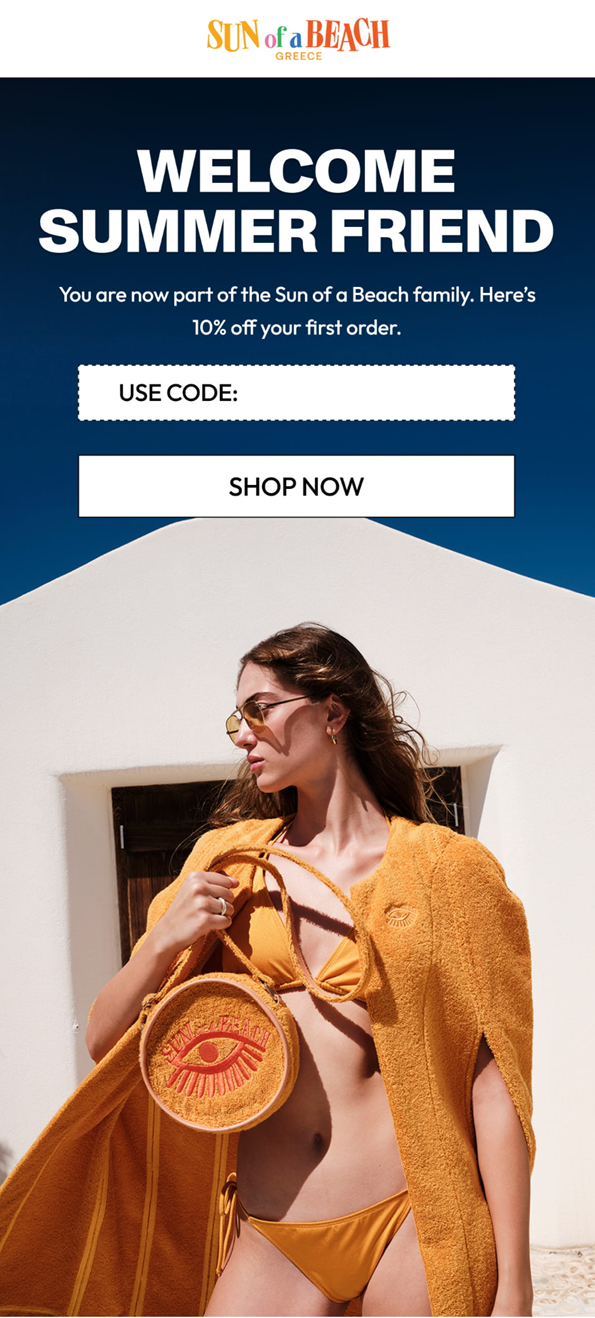 sun of a beach welcome email example with discount code