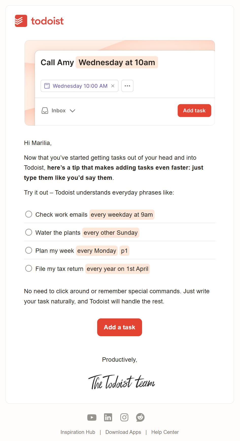 todoist onboarding email example