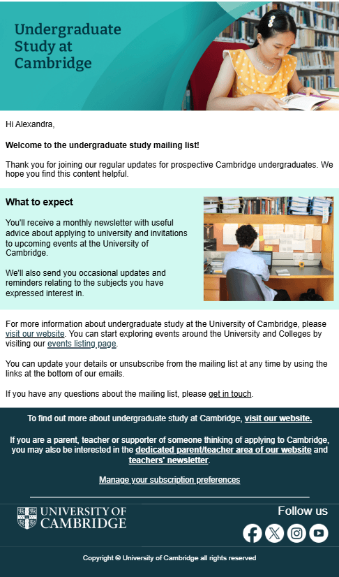University of Cambridge welcome email University of Cambridge welcome email