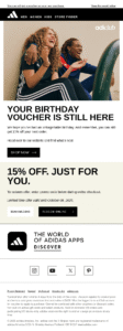 birthday email by adidas offering a 15% discount with a dedicated CTA to redeem it