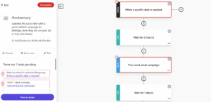 moosend's automation builder with a ready-made, customizable anniversary workflow