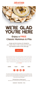 zoe's kitchen welcome email offering a free item on the next order