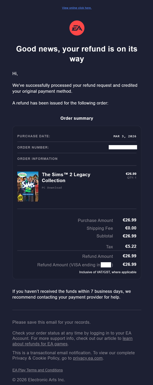 Electronic Arts’ (EA) refund email marketing campaign