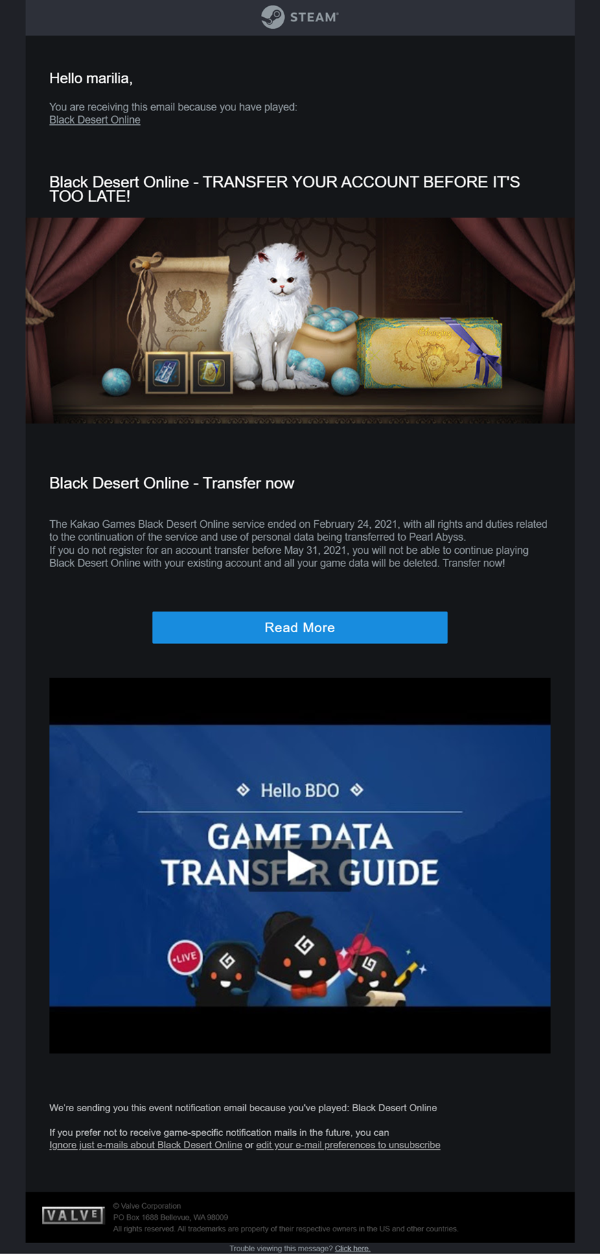 video game email example for steam account transfer